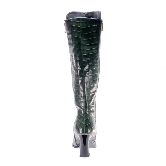 Green Tall Crocodile High Heel Boots - Picture 3 of 5
